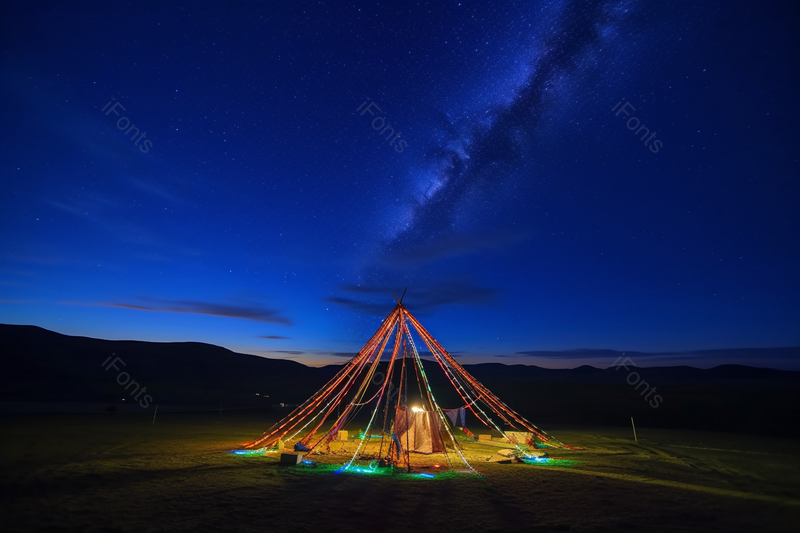 深蓝色的夜空下的经幡和灯光高山,高清,摄影图,摄影图片,图片大全,摄影图免费下载